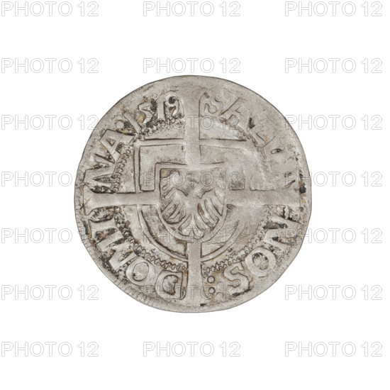 Teutonic groschen, Albrecht Hohenzollern (prince in Prussia; Grand Master; 1490–1568). Obverse: Brandenburg eagle with the Hohenzollern shield on its chest; on the rim between the pearl borders an inscription. Reverse: monastic shield of the Grand Master with a cross whose elongated, widening arms divide the rim legend and reach the outer rim; on the rim between the pearl borders an inscription. Date: 1519. Issued by the State of the Teutonic Order (1226–1525), Königsberg. Coin; diameter 20.5 mm; weight 1.43 g; axis 45°.