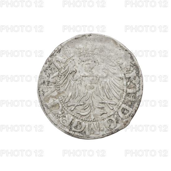 Teutonic groschen, Albrecht Hohenzollern (prince in Prussia; Grand Master; 1490–1568); Wille, Albrecht (fl. 1520–?), publisher; Plate, Dominik (fl. ?–1527), publisher; cross with elongated arms (iconographic); monastic shield of the Grand Master (iconographic); Brandenburg eagle (iconographic); Hohenzollern coat of arms; AR punch; Teutonic Knights (order); Obv. Brandenburg eagle with the Hohenzollern shield on its breast. On the rim, between the pearly borders, the inscription. Rev. Order's shield of the Grand Master with a cross whose elongated, widening arms, dividing the rim legend, reach the outer rim. On the rim, between the pearly borders, the inscription. 1520. State of the Teutonic Order (1226–1525), Königsberg. Coin; diameter 20.9 mm; weight 1.26 g; axis 20°.