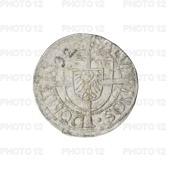 Teutonic groschen, Albrecht Hohenzollern (prince in Prussia; Grand Master; 1490–1568); Wille, Albrecht (fl. 1520–?), publisher; Plate, Dominik (fl. ?–1527), publisher; cross with elongated arms (iconographic); monastic shield of the Grand Master (iconographic); Brandenburg eagle (iconographic); Hohenzollern coat of arms; AR punch; Teutonic Knights (order); Obverse: Brandenburg eagle with the Hohenzollern shield on its breast. On the rim, between the pearly borders, the inscription. Reverse: Order's shield of the Grand Master with a cross whose elongated, widening arms, dividing the rim legend, reach the outer rim. On the rim, between the pearly borders, the inscription. Date: 1520. State of the Teutonic Order (1226–1525), Königsberg. Coin; diameter 20.9 mm; weight 1.26 g; axis 20°.