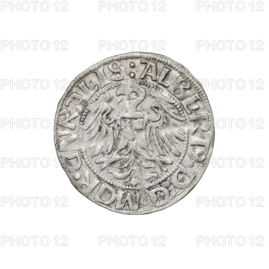 Teutonic groschen, Albrecht Hohenzollern (prince in Prussia; Grand Master; 1490–1568); Wille, Albrecht (fl. 1520–?), publisher; Plate, Dominik (fl. ?–1527), publisher. Iconography: cross with elongated arms, Teutonic Knights' shield, Brandenburg eagle, Hohenzollern coat of arms; Teutonic Knights (order). Obverse: Brandenburg eagle with the Hohenzollern shield on its breast; on the rim, between the pearly borders, an inscription. Reverse: Teutonic shield of the Grand Master with a cross whose elongated, widening arms divide the rim legend and reach the outer rim; on the rim, between the pearly borders, an inscription. Date: 1520. State of the Teutonic Order (1226–1525), Königsberg. Coin, diameter 20.4 mm, weight 1.23 g, axis 20°.