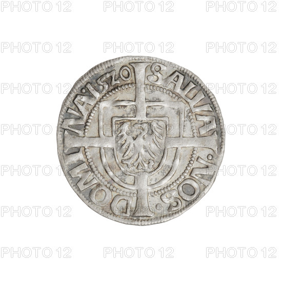 Teutonic groschen, Albrecht Hohenzollern (prince in Prussia; Grand Master; 1490-1568), Wille, Albrecht (fl. 1520-?), publisher, (1520-?), Plate, Dominik (fl. ?-1527), publisher, (?-1527), cross with elongated arms (iconographic), Teutonic Knights' shield (iconographic), Brandenburg eagle (iconographic), Hohenzollern coat of arms, Teutonic Knights (order). Obv. Brandenburg Eagle with the Hohenzollern shield on its breast. On the rim, between the pearly borders, the inscription. Reverse. Teutonic shield of the Grand Master with a cross whose elongated, widening arms, dividing the rim legend, reach the outer rim. On the rim, between the pearly borders, the inscription. 1520. State of the Teutonic Order (1226-1525), Königsberg. Coin, diameter 20.4 mm, weight 1.23 g, axis 20 degrees.