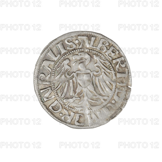 Teutonic groschen, Albrecht Hohenzollern (prince in Prussia; Grand Master; 1490–1568). Wille, Albrecht (fl. 1520–?), publisher (1520?); Plate, Dominik (fl. ?–1527), publisher (?-1527). Brandenburg eagle (iconographic); Teutonic Knights' shield (iconographic); cross with elongated arms (iconographic); Hohenzollern coat of arms; Teutonic Knights (order). Obverse: Brandenburg eagle with the Hohenzollern shield on its breast. On the rim, between the pearly borders, the inscription. Reverse: Teutonic shield of the Grand Master with a cross whose elongated, widening arms, dividing the rim legend, reach the outer rim. On the rim, between the pearly borders, the inscription. 1520. State of the Teutonic Order (1226–1525), Königsberg. Coin; diameter 20.6 mm; weight 1.33 g; axis 0°.