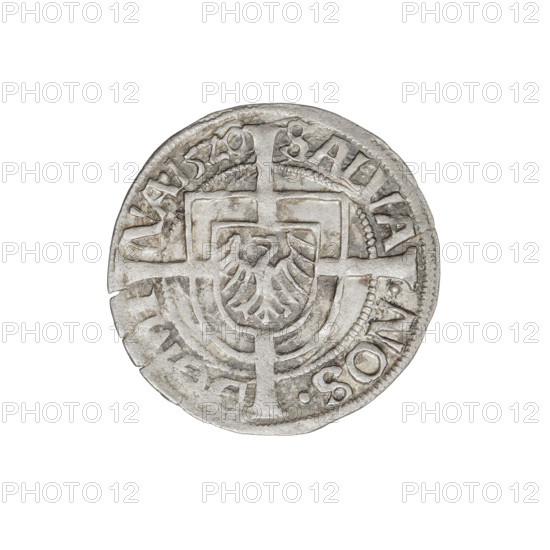 Teutonic groschen, Albrecht Hohenzollern (prince in Prussia; Grand Master; 1490–1568), Wille, Albrecht (fl. 1520–?), publisher, (1520–?), Plate, Dominik (fl. ?–1527), publisher, (?-1527), Brandenburg eagle (iconographic), Teutonic Knights' shield (iconographic), cross with elongated arms (iconographic), Hohenzollern coat of arms, Teutonic Knights (order). Obverse: Brandenburg eagle with the Hohenzollern shield on its breast; on the rim, between the pearly borders, the inscription. Reverse: Teutonic shield of the Grand Master with a cross whose elongated, widening arms divide the rim legend and reach the outer rim; on the rim, between the pearly borders, the inscription. 1520. State of the Teutonic Order (1226–1525), Königsberg. Coin; diameter 20.6 mm; weight 1.33 g; axis 0°.