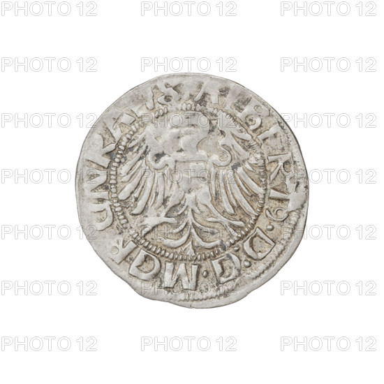 Teutonic groschen, Albrecht Hohenzollern (prince in Prussia; Grand Master; 1490–1568), Wille, Albrecht (fl. 1520–?), publisher (1520–?), Plate, Dominik (fl. ?–1527), publisher (?-1527); iconography: cross with elongated arms, Teutonic Knights' shield, Brandenburg eagle, Hohenzollern coat of arms. Obverse: Brandenburg eagle with the Hohenzollern shield on its breast; on the rim, between the pearly borders, the inscription. Reverse: Teutonic shield of the Grand Master with a cross whose elongated, widening arms divide the rim legend and reach the outer rim; on the rim, between the pearly borders, the inscription. Date: 1520. State of the Teutonic Order (1226–1525), Königsberg. Coin, diameter 20.8 mm, weight 1.29 g, axis 135°.