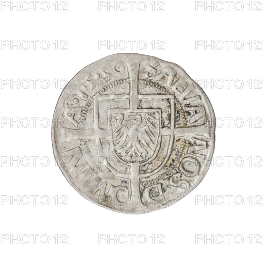 Teutonic groschen, Albrecht Hohenzollern (prince in Prussia; Grand Master; 1490–1568); Wille, Albrecht (fl. 1520–?), publisher; Plate, Dominik (fl. ?–1527), publisher. Iconography: cross with elongated arms; Teutonic Knights' shield; Brandenburg eagle; Hohenzollern coat of arms. Obverse: Brandenburg eagle with the Hohenzollern shield on its breast; on the rim, between pearly borders, inscription. Reverse: Teutonic shield of the Grand Master with a cross whose elongated, widening arms divide the rim legend and reach the outer rim; on the rim, between pearly borders, inscription. Date: 1520. State of the Teutonic Order (1226–1525), Königsberg. Coin, diameter 20.8 mm, weight 1.29 g, axis 135°.