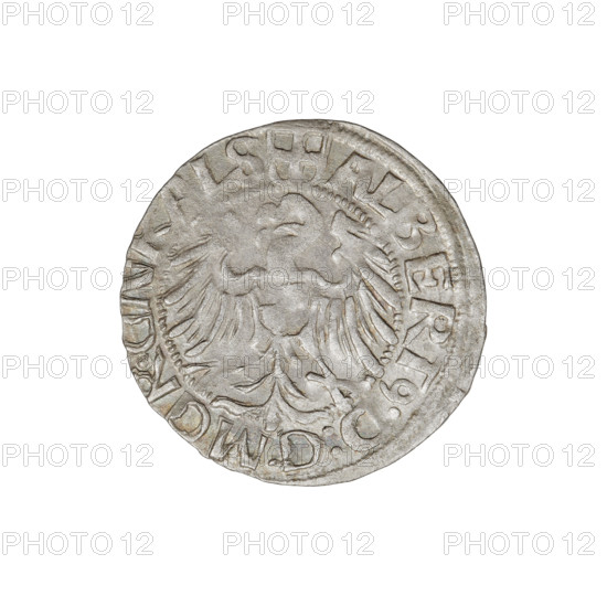 Teutonic groschen, Albrecht Hohenzollern (prince in Prussia; Grand Master; 1490–1568); publishers: Wille, Albrecht (fl. 1520–?), Plate, Dominik (fl. ?–1527). Obverse: Brandenburg eagle with the Hohenzollern shield on its breast; on the rim, between pearly borders, the inscription. Reverse: Teutonic shield of the Grand Master with a cross whose elongated, widening arms divide the rim legend and reach the outer rim; above the edge of the shield, on both sides of the arm of the cross, one point; on the rim, between pearly borders, the inscription. Iconography: cross with elongated arms, Teutonic Knights' shield, Brandenburg eagle, Hohenzollern coat of arms. Date: 1520. State of the Teutonic Order (1226–1525), Königsberg. Coin; diameter 20.4 mm; weight 1.34 g; axis 225°.