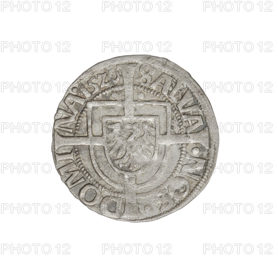 Teutonic groschen, Albrecht Hohenzollern (prince in Prussia; Grand Master; 1490–1568); publishers: Wille, Albrecht (fl. 1520–?); Plate, Dominik (fl. ?–1527). Obverse: Brandenburg eagle with the Hohenzollern shield on its breast; on the rim between pearly borders an inscription. Reverse: Teutonic shield of the Grand Master with a cross whose elongated, widening arms divide the rim legend and reach the outer rim; above the edge of the shield, on both sides of the arm of the cross, one point; on the rim between pearly borders an inscription. Dated 1520. State of the Teutonic Order (1226–1525), Königsberg. Coin; diameter 20.4 mm; weight 1.34 g; axis 225°.