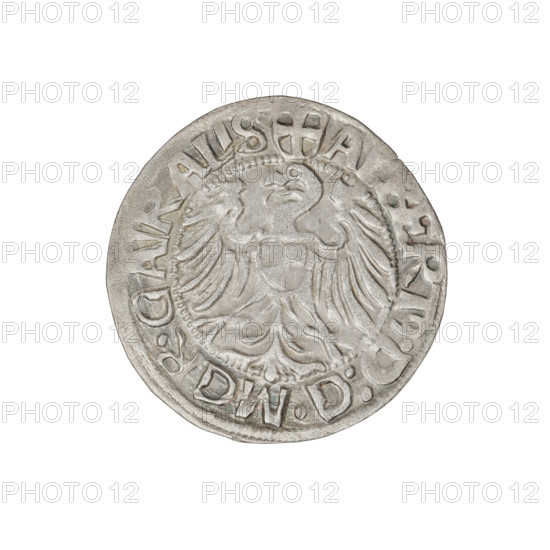 Teutonic groschen, Albrecht Hohenzollern (prince in Prussia; Grand Master; 1490–1568); Wille, Albrecht (fl. 1520–?), publisher; Plate, Dominik (fl. ?–1527), publisher. Obverse: Brandenburg eagle with the Hohenzollern shield on its breast; on the rim between the pearly borders, an inscription. Reverse: Teutonic shield of the Grand Master with a cross whose elongated, widening arms divide the rim legend and reach the outer rim; above the edge of the shield, on both sides of the arm of the cross, one point; on the rim between the pearly borders, an inscription. Dated 1520. State of the Teutonic Order (1226–1525), Königsberg; Teutonic Knights (order). Coin; diameter 21.2 mm; weight 1.61 g; axis 45°.