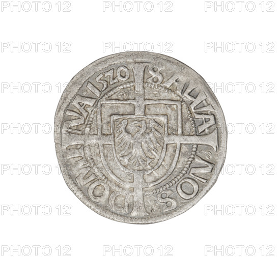 Teutonic groschen, Albrecht Hohenzollern (prince in Prussia; Grand Master; 1490–1568), Wille, Albrecht (fl. 1520–?), publisher, (1520–?), Plate, Dominik (fl. ?–1527), publisher, (?-1527); cross with elongated arms (iconographic); Brandenburg eagle (iconographic); Teutonic shield of the Grand Master (iconographic); Hohenzollern coat of arms. Obverse: Brandenburg eagle with the Hohenzollern shield on its breast; on the rim, between the pearly borders, the inscription. Reverse: Teutonic shield of the Grand Master with a cross whose elongated, widening arms divide the rim legend and reach the outer rim; above the edge of the shield, on both sides of the arm of the cross, one point; on the rim, between the pearly borders, the inscription. 1520. State of the Teutonic Order (1226–1525), Königsberg; coin; diameter 21.2 mm; weight 1.61 g; axis 45°.