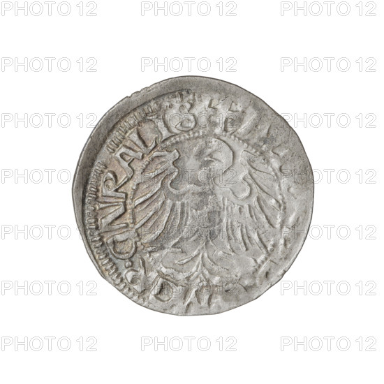 Teutonic groschen, Albrecht Hohenzollern (prince in Prussia; Grand Master; 1490–1568); Wille, Albrecht (fl. 1520–?), publisher; Plate, Dominik (fl. ?–1527), publisher. Cross with elongated arms (iconographic); Brandenburg eagle (iconographic); Teutonic shield of the Grand Master (iconographic); Hohenzollern coat of arms; Teutonic Knights (order). Obverse: Brandenburg eagle with the Hohenzollern shield on its breast; on the rim between pearly borders, inscription. Reverse: Teutonic shield of the Grand Master with a cross whose elongated, widening arms divide the rim legend and reach the outer rim; above the edge of the shield, on both sides of the arm of the cross, one point; on the rim between pearly borders, inscription. 1520. State of the Teutonic Order (1226–1525), Königsberg. Coin; diameter 21.1 mm; weight 1.22 g; axis 80°.
