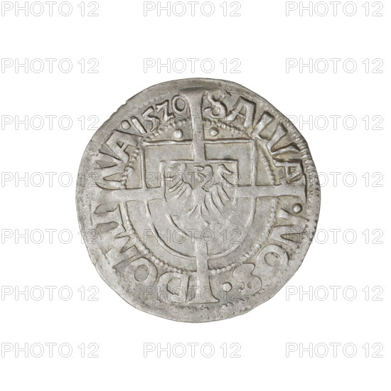 Teutonic groschen, Albrecht Hohenzollern (prince in Prussia; Grand Master; 1490–1568); Wille, Albrecht (fl. 1520–?), publisher; Plate, Dominik (fl. ?–1527), publisher. Iconography: cross with elongated arms; Brandenburg eagle; Teutonic shield of the Grand Master; Hohenzollern coat of arms. Obverse: Brandenburg eagle with the Hohenzollern shield on its breast; on the rim, between the pearly borders, an inscription. Reverse: Teutonic shield of the Grand Master with a cross whose elongated, widening arms divide the rim legend and reach the outer rim; above the edge of the shield, on both sides of the arm of the cross, one point; on the rim, between the pearly borders, an inscription. Date: 1520. State of the Teutonic Order (1226–1525), Königsberg. Coin; diameter 21.1 mm; weight 1.22 g; axis 80°.