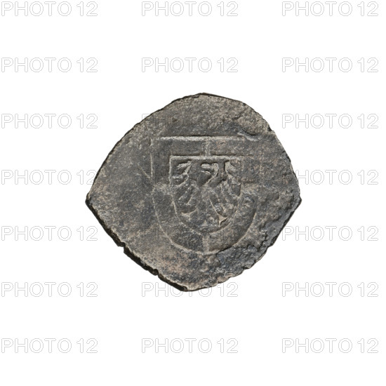 Teutonic groschen clip, Albrecht Hohenzollern (prince in Prussia; Grand Master; 1490–1568), Wille, Albrecht (fl. 1520–?), publisher, (1520–?), Plate, Dominik (fl. ?–1527), publisher, (?-1527). Grand Master's monastic shield (iconographic), monastic shield (iconographic), war coins (1520–1521), Teutonic Knights (order). Aw. Teutonic Order Shield of the Grand Master Rev. Teutonic Order Shield, 1520, State of the Teutonic Order (1226–1525), Königsberg. Clip, coin; dia. 15.9 mm, dia. 16.9 mm; weight 1.50 g; axis 270°.