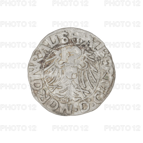 Teutonic groschen, Albrecht Hohenzollern (prince in Prussia; Grand Master; 1490–1568); Wille, Albrecht (fl. 1520–?), publisher; Plate, Dominik (fl. ?–1527), publisher. Obverse: Brandenburg eagle with the Hohenzollern shield on its breast; on the rim, between the pearly borders, an inscription. Reverse: Teutonic Grand Master's shield with a cross whose elongated, widening arms divide the rim legend and reach the outer rim; above the edge of the shield, on both sides of the arm of the cross, one point; on the rim, between the pearly borders, an inscription. 1520. State of the Teutonic Order (1226–1525), Königsberg. Coin; diameter 20.8 mm; weight 1.22 g; axis 110°.