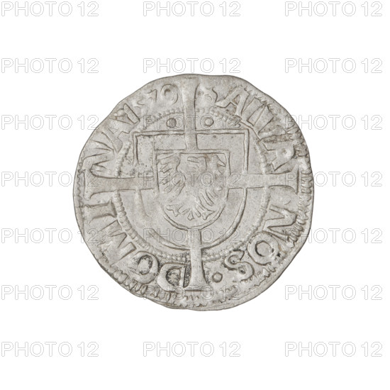 Teutonic groschen, Albrecht Hohenzollern (prince in Prussia; Grand Master; 1490–1568); Wille, Albrecht (fl. 1520–?), publisher; Plate, Dominik (fl. ?–1527), publisher. Iconography: cross with elongated arms; Brandenburg eagle; Teutonic Grand Master's monastic shield; Hohenzollern coat of arms; Teutonic Knights (order). Obverse: Brandenburg eagle with the Hohenzollern shield on its breast; on the rim, between the pearly borders, the inscription. Reverse: Teutonic shield of the Grand Master with a cross whose elongated, widening arms divide the rim legend and reach the outer rim; above the edge of the shield, on both sides of the arm of the cross, one point; on the rim, between the pearly borders, the inscription. Date: 1520. State of the Teutonic Order (1226–1525), Königsberg. Coin; diameter 20.8 mm; weight 1.22 g; axis 110°.