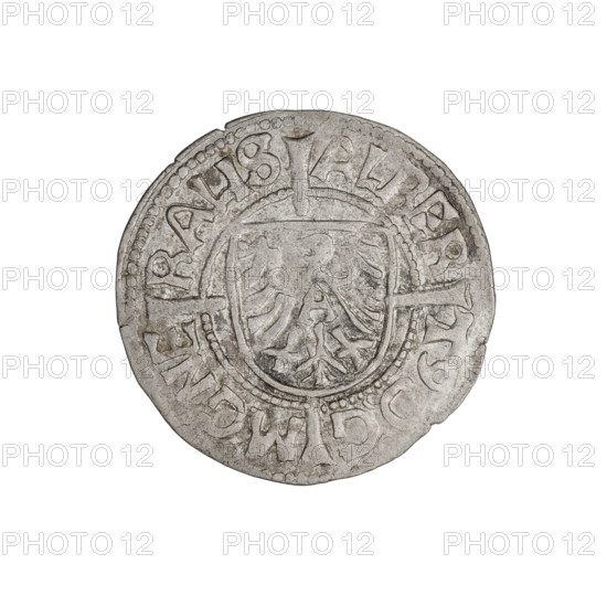 Teutonic groschen, Albrecht Hohenzollern (prince in Prussia; Grand Master; 1490–1568); Wille, Albrecht (fl. 1520–?), publisher; Plate, Dominik (fl. ?–1527), publisher. Iconography: cross with elongated arms; Brandenburg eagle with the letter A on the chest; monastic shield of the Grand Master. Obverse: Shield with the Brandenburg eagle with the letter A on its breast placed at the intersection of the arms of a cross, whose elongated, widening arms divide the rim legend and reach the outer rim. On the rim, between the pearly borders, the inscription. Reverse: Teutonic Order's shield with a cross, whose elongated, widening arms divide the rim legend and reach the outer rim. On the rim, between the pearly borders, the inscription. Date: 1521. State of the Teutonic Order (1226–1525), Königsberg. Coin: diameter 21 mm; weight 1.43 g; axis 225°.