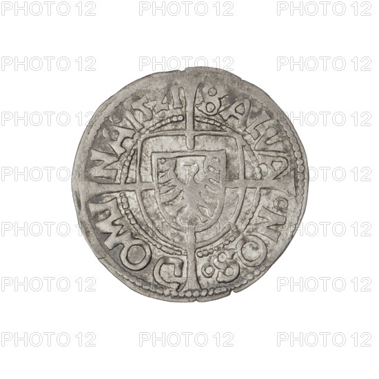 Teutonic groschen, Albrecht Hohenzollern (prince in Prussia; Grand Master; 1490–1568); Wille, Albrecht (fl. 1520–?), publisher; Plate, Dominik (fl. ?–1527), publisher. Iconography: cross with elongated arms; Brandenburg eagle with the letter A on the chest; monastic shield of the Grand Master. Obverse: Shield with the Brandenburg eagle bearing the letter A on its breast, placed at the intersection of the arms of a cross whose elongated, widening arms divide the rim legend and reach the outer rim. On the rim, between the pearly borders, the inscription. Reverse: Teutonic Order's shield with a cross whose elongated, widening arms divide the rim legend and reach the outer rim. Inscription; 1521. State of the Teutonic Order (1226–1525), Königsberg. Coin; diameter 21 mm; weight 1.43 g; axis 225°.