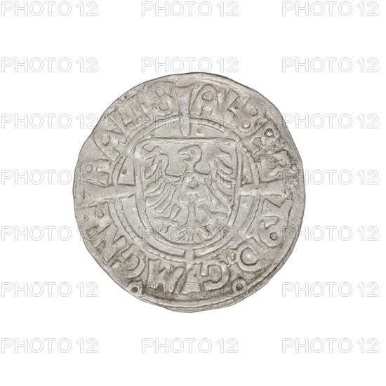 Teutonic groschen, Albrecht Hohenzollern (prince in Prussia; Grand Master; 1490–1568), Wille, Albrecht (fl. 1520–?), publisher; Plate, Dominik (fl. ?–1527), publisher. Obverse: shield with the Brandenburg eagle bearing the letter A on its breast placed at the intersection of a cross with elongated, widening arms that divide the rim legend and reach the outer rim; rim inscription between pearly borders. Reverse: Order's shield of the Grand Master with a cross whose elongated, widening arms divide the rim legend and reach the outer rim; rim inscription between pearly borders. Iconography: cross with elongated arms; Brandenburg eagle; monastic shield of the Grand Master; crosses; shields; Teutonic Knights. Date: 1521. Coin type: Königsberg, Teutonic Order. Diameter 20.8 mm, weight 1.20 g, axis 45°.