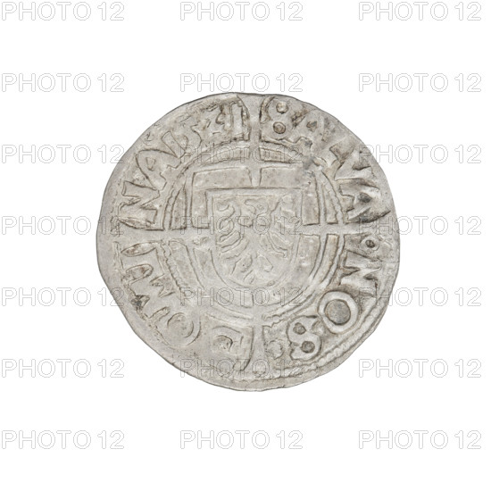Teutonic groschen, Albrecht Hohenzollern (prince in Prussia; Grand Master; 1490–1568), Wille, Albrecht (fl. 1520–?), publisher; Plate, Dominik (fl. ?–1527), publisher. Obverse: shield with the Brandenburg eagle bearing the letter A on its breast placed at the intersection of a cross with elongated, widening arms that divide the rim legend and reach the outer rim; rim inscription between pearly borders. Reverse: Order's shield of the Grand Master with a cross whose elongated, widening arms divide the rim legend and reach the outer rim; rim inscription between pearly borders. Iconography: cross with elongated arms, Brandenburg eagle, monastic shield of the Grand Master, crosses, shields; subject: Teutonic Knights (order). Date: 1521. Coin, diameter 20.8 mm, weight 1.20 g, axis 45°.