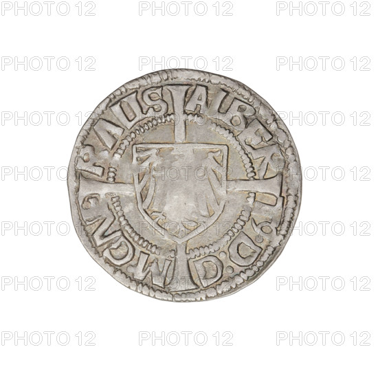 Teutonic groschen, Albrecht Hohenzollern (prince in Prussia; Grand Master; 1490–1568); Wille, Albrecht (fl. 1520–?), publisher; Plate, Dominik (fl. ?–1527), publisher. Iconography: cross with elongated arms; Brandenburg eagle with the Hohenzollern shield on the chest; monastic shield of the Grand Master; Teutonic Knights. Obverse: shield with the Brandenburg eagle bearing the Hohenzollern shield on its breast, placed at the intersection of the arms of a cross whose elongated, widening arms divide the rim legend and reach the outer rim; on the rim, between pearly borders, an inscription. Reverse: Teutonic Order's shield with a cross whose elongated, widening arms divide the rim legend and reach the outer rim; on the rim, between pearly borders, an inscription. Date: 1521. State of the Teutonic Order (1226–1525), Königsberg. Coin: diameter 21 mm, weight 1.52 g, axis 160°.