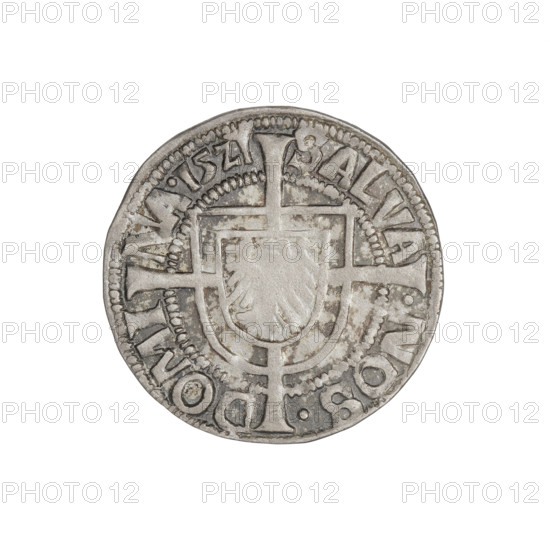 Teutonic groschen, Albrecht Hohenzollern (prince in Prussia; Grand Master; 1490–1568); Wille, Albrecht (fl. 1520–?), publisher; Plate, Dominik (fl. ?–1527), publisher. Iconography: cross with elongated arms; Brandenburg eagle with the Hohenzollern shield on the chest; monastic shield of the Grand Master; Teutonic Knights (order). Obverse: shield with the Brandenburg eagle bearing the Hohenzollern shield, placed at the intersection of a cross whose elongated, widening arms divide the rim legend and reach the outer rim; inscription on rim between pearly borders. Reverse: Teutonic Order’s shield with a cross whose elongated, widening arms divide the rim legend and reach the outer rim; inscription on rim between pearly borders. Date: 1521. State of the Teutonic Order (1226–1525), Königsberg. Coin; diameter 21 mm; weight 1.52 g; axis 160°.
