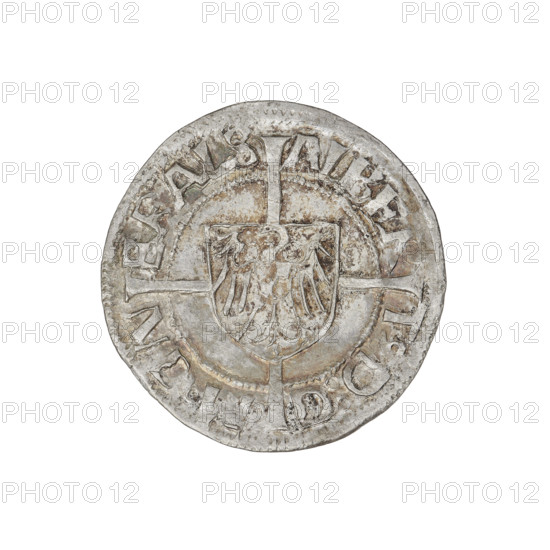 Teutonic groschen, Albrecht Hohenzollern (prince in Prussia; Grand Master; 1490-1568), Wille, Albrecht (fl. 1520-?), publisher, (1520-?), Plate, Dominik (fl. ?-1527), publisher, (?-1527), cross with elongated arms (iconographic), Brandenburg eagle (iconographic) (with the Hohenzollern shield on the chest), monastic shield of the Grand Master (iconographic), Teutonic Knights (order). Obv. Shield with the Brandenburg eagle with the Hohenzollern shield on its breast placed at the intersection of the arms of a cross, the elongated, widening arms of which, dividing the rim legend, reach the outer rim. On the rim, between the pearly borders, the inscription. Rev. Teutonic Order's shield with a cross, the elongated, widening arms of which, dividing the rim legend, reach the outer rim. On the rim, between the pearly borders, the inscription. 1521, State of the Teutonic Order (1226-1525), Königsberg, coin, diameter 21.3 mm, weight 1.43 g, axis 225°.