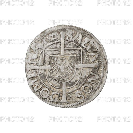 Teutonic groschen, Albrecht Hohenzollern (prince in Prussia; Grand Master; 1490–1568), Wille, Albrecht (fl. 1520–?), publisher, (1520–?), Plate, Dominik (fl. ?–1527), publisher, (?-1527); cross with elongated arms (iconographic); Brandenburg eagle (iconographic) with the Hohenzollern shield on the chest; monastic shield of the Grand Master (iconographic). Obv.: Shield with the Brandenburg eagle bearing the Hohenzollern shield on its breast, placed at the intersection of a cross with elongated, widening arms that divide the rim legend and reach the outer rim; on the rim, between pearly borders, the inscription. Rev.: Teutonic Order's shield with a cross whose elongated, widening arms divide the rim legend and reach the outer rim; on the rim, between pearly borders, the inscription. 1521. State of the Teutonic Order (1226–1525), Königsberg. Coin; diameter 21.3 mm; weight 1.43 g; axis 225°.