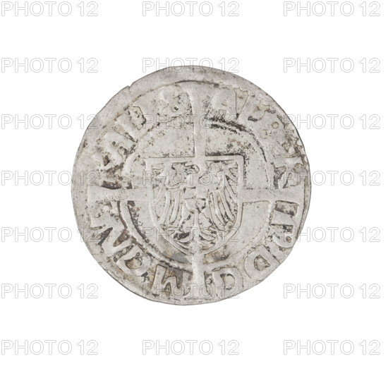 Teutonic groschen, Albrecht Hohenzollern (1490–1568); publishers: Wille, Albrecht (fl. 1520–?), Plate, Dominik (fl. ?–1527). Iconography: Brandenburg eagle with the Hohenzollern shield on its chest; monastic shield of the Grand Master; cross with elongated, widening arms dividing the rim legend. Obverse: Shield with the Brandenburg eagle bearing the Hohenzollern shield at the intersection of the cross; the elongated, widening arms reach the outer rim; rim inscription between pearly borders. Reverse: Teutonic Order's shield with a cross whose elongated, widening arms divide the rim legend; rim inscription between pearly borders. Date: 1521. State of the Teutonic Order (1226–1525), Königsberg. Coin: diameter 20.8 mm, weight 1.31 g, axis 0°.