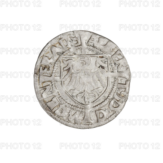 Teutonic groschen, Albrecht Hohenzollern (prince in Prussia; Grand Master; 1490–1568); Wille, Albrecht (fl. 1520–?), publisher; Plate, Dominik (fl. ?–1527), publisher. Iconography: Brandenburg eagle with the Hohenzollern shield on its chest; cross with elongated, widening arms dividing the rim legend; monastic shield of the Grand Master; Teutonic Knights (order). Obverse: Shield with the Brandenburg eagle with the Hohenzollern shield on its breast placed at the intersection of the arms of a cross whose elongated, widening arms reach the outer rim; on the rim, between pearly borders, inscription. Reverse: Teutonic Order's shield with a cross whose elongated, widening arms reach the outer rim; on the rim, between pearly borders, inscription. Date: 1521. State of the Teutonic Order (1226–1525), Königsberg. Coin: diameter 20.7 mm, weight 1.46 g, axis 110°.