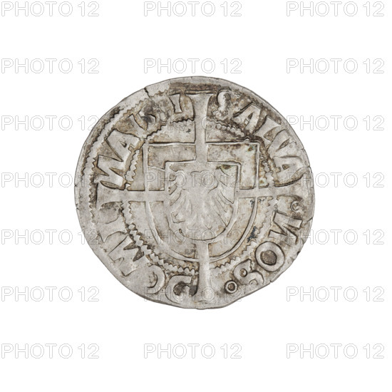 Teutonic groschen, Albrecht Hohenzollern (prince in Prussia; Grand Master; 1490–1568); Wille, Albrecht (fl. 1520–?), publisher; Plate, Dominik (fl. ?–1527), publisher. Iconography: Brandenburg eagle with the Hohenzollern shield on its chest; cross with elongated arms; monastic shield of the Grand Master. Obv.: Shield with the Brandenburg eagle bearing the Hohenzollern shield, placed at the intersection of a cross whose elongated, widening arms divide the rim legend and reach the outer rim; rim inscription between pearly borders. Rev.: Teutonic Order's shield with a cross whose elongated, widening arms divide the rim legend and reach the outer rim; rim inscription between pearly borders. Date: 1521. State of the Teutonic Order (1226–1525), Königsberg. Coin: diameter 20.7 mm, weight 1.46 g, axis 110°.