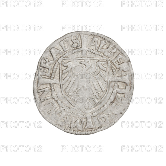 Teutonic groschen, Albrecht Hohenzollern (prince in Prussia; Grand Master; 1490–1568); Wille, Albrecht (fl. 1520–?), publisher; Plate, Dominik (fl. ?–1527), publisher. Iconography: cross with elongated arms; Brandenburg eagle with the Hohenzollern shield on the chest; monastic shield of the Grand Master. Obv.: Shield with the Brandenburg eagle bearing the Hohenzollern shield on its breast, placed at the intersection of a cross whose elongated, widening arms divide the rim legend and reach the outer rim; on the rim, between the pearly borders, an inscription. Rev.: Teutonic Order's shield with a cross whose elongated, widening arms divide the rim legend and reach the outer rim; on the rim, between the pearly borders, an inscription. Date: 1521. State of the Teutonic Order (1226–1525), Königsberg. Coin: diameter 21 mm, weight 1.47 g, axis 180°.