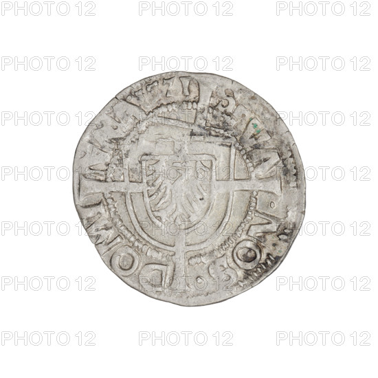 Teutonic groschen, Albrecht Hohenzollern (prince in Prussia; Grand Master; 1490–1568), Wille, Albrecht (fl. 1520–?), publisher, (1520–?), Plate, Dominik (fl. ?–1527), publisher, (?-1527); cross with elongated arms (iconographic); Brandenburg eagle (iconographic) with the Hohenzollern shield on the chest; monastic shield of the Grand Master (iconographic); Teutonic Knights (order). Obv.: Shield with the Brandenburg eagle with the Hohenzollern shield on its breast placed at the intersection of the arms of a cross, whose elongated, widening arms, dividing the rim legend, reach the outer rim. On the rim, between the pearly borders, the inscription. Rev.: Teutonic Order's shield with a cross, whose elongated, widening arms, dividing the rim legend, reach the outer rim. On the rim, between the pearly borders, the inscription. 1521. State of the Teutonic Order (1226–1525), Königsberg. Coin; diameter 21 mm; weight 1.47 g; axis 180°.
