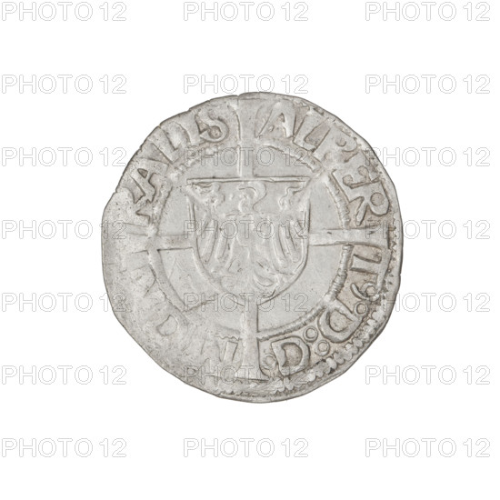 Teutonic groschen, Albrecht Hohenzollern (prince in Prussia; Grand Master; 1490–1568); Wille, Albrecht (fl. 1520–?), publisher; Plate, Dominik (fl. ?–1527), publisher. Iconography: Brandenburg eagle with the Hohenzollern shield on its chest; cross with elongated, widening arms dividing the rim legend; monastic shield of the Grand Master; Teutonic Knights (order). Obverse: shield with the Brandenburg eagle with the Hohenzollern shield on its breast placed at the intersection of the arms of a cross, whose elongated, widening arms reach the outer rim; rim inscription between pearly borders. Reverse: Teutonic Order's shield with a cross whose elongated, widening arms reach the outer rim; rim inscription between pearly borders. Date: 1521. State of the Teutonic Order (1226–1525), Königsberg. Coin; diameter 20.8 mm; weight 1.21 g; axis 315°.