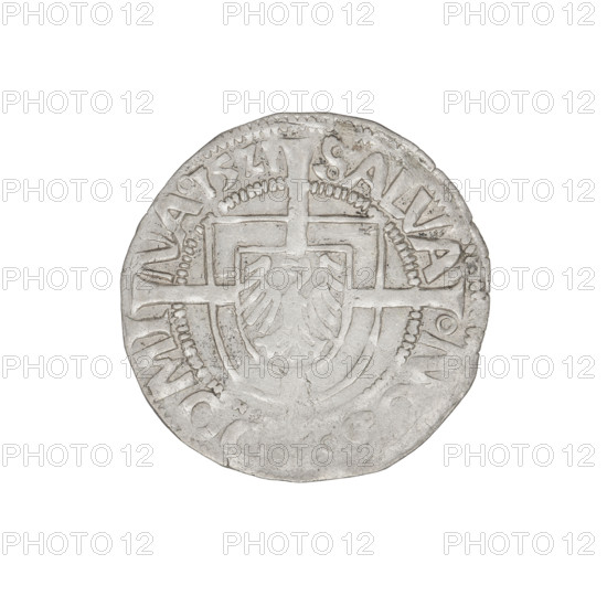 Teutonic groschen, Albrecht Hohenzollern (prince in Prussia; Grand Master; 1490–1568); Wille, Albrecht (fl. 1520–?), publisher; Plate, Dominik (fl. ?–1527), publisher. Iconography: Brandenburg eagle with the Hohenzollern shield on its chest; cross with elongated, widening arms dividing the rim legend; monastic shield of the Grand Master. Obverse: Shield with the Brandenburg eagle with the Hohenzollern shield on its breast placed at the intersection of the arms of a cross, whose elongated, widening arms reach the outer rim; on the rim, between the pearly borders, an inscription. Reverse: Teutonic Order's shield with a cross, whose elongated, widening arms reach the outer rim; on the rim, between the pearly borders, an inscription. Date: 1521. State of the Teutonic Order (1226–1525), Königsberg. Coin: diameter 20.8 mm, weight 1.21 g, axis 315°.