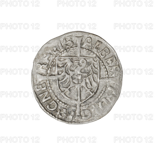 Teutonic groschen, Albrecht Hohenzollern (prince in Prussia; Grand Master; 1490–1568); publishers: Wille, Albrecht (fl. 1520–?); Plate, Dominik (fl. ?–1527). Obverse: shield with the Brandenburg eagle bearing the Hohenzollern shield on its breast placed at the intersection of the arms of a cross with elongated, widening arms that divide the rim legend and reach the outer rim; rim inscription between pearly borders. Reverse: Order's shield of the Grand Master with a cross whose elongated, widening arms divide the rim legend and reach the outer rim; rim inscription between pearly borders. Iconography: cross with elongated arms, Brandenburg eagle, monastic shield of the Grand Master; Teutonic Knights (order). Date: 1522. Mint: Königsberg. Coin; diameter 20.1 mm; weight 1.55 g; axis 180°.