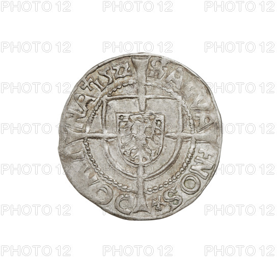 Teutonic groschen, Albrecht Hohenzollern (prince in Prussia; Grand Master; 1490–1568), Wille, Albrecht (fl. 1520–?), publisher (1520–?), Plate, Dominik (fl. ?–1527), publisher (?-1527). Obverse: shield with the Brandenburg eagle bearing the Hohenzollern shield on its breast placed at the intersection of the arms of a cross with elongated, widening arms that divide the rim legend and reach the outer rim; rim inscription between pearly borders. Reverse: Order's shield of the Grand Master with a cross whose elongated, widening arms divide the rim legend and reach the outer rim; rim inscription between pearly borders. Date: 1522. State of the Teutonic Order (1226–1525), Königsberg. Coin; diameter 20.1 mm; weight 1.55 g; axis 180°.