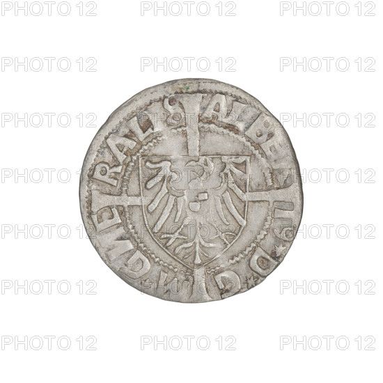 Teutonic groschen, Albrecht Hohenzollern (prince in Prussia; Grand Master; 1490–1568). Makers/publishers: Wille, Albrecht (fl. 1520–?); Plate, Dominik (fl. ?–1527). Iconography: Brandenburg eagle with the Hohenzollern shield on its chest; cross with elongated, widening arms; monastic shield of the Grand Master. Obverse: Shield with the Brandenburg eagle bearing the Hohenzollern shield placed at the intersection of a cross whose elongated, widening arms divide the rim legend and reach the outer rim; rim inscription between pearly borders. Reverse: Teutonic Order's shield with a cross whose elongated, widening arms divide the rim legend and reach the outer rim; rim inscription between pearly borders. Date: 1522. State of the Teutonic Order (1226–1525), Königsberg. Coin; diameter 19.8 mm; weight 1.54 g; axis 315°.