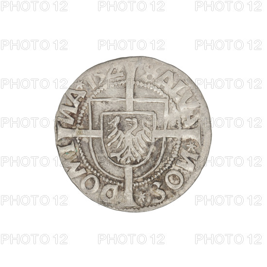 Teutonic groschen, Albrecht Hohenzollern (prince in Prussia; Grand Master; 1490–1568); Wille, Albrecht (fl. 1520–?), publisher; Plate, Dominik (fl. ?–1527), publisher. Obverse: Shield with the Brandenburg eagle bearing the Hohenzollern shield on its breast, placed at the intersection of the arms of a cross with elongated, widening arms that divide the rim legend and reach the outer rim; on the rim, between the pearly borders, an inscription. Reverse: Teutonic Order's shield with a cross whose elongated, widening arms divide the rim legend and reach the outer rim; on the rim, between the pearly borders, an inscription. 1522. State of the Teutonic Order (1226–1525), Königsberg. Coin; diameter 19.8 mm; weight 1.54 g; axis 315°.