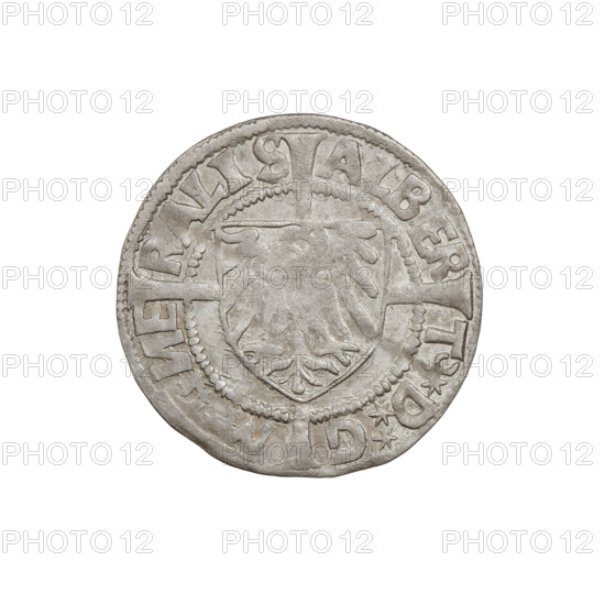 Teutonic groschen, Albrecht Hohenzollern (prince in Prussia; Grand Master; 1490–1568), Wille, Albrecht (fl. 1520–?), publisher, Plate, Dominik (fl. ?–1527), publisher. Iconography: Brandenburg eagle with the Hohenzollern shield on its chest; cross with elongated, widening arms; monastic shield of the Grand Master; Teutonic Knights (order). Obv.: Shield with the Brandenburg eagle with the Hohenzollern shield on its breast placed at the intersection of the arms of a cross, the elongated, widening arms of which, dividing the rim legend, reach the outer rim. On the rim, between the pearly borders, the inscription. Rev.: Teutonic Order's shield with a cross, the elongated, widening arms of which, dividing the rim legend, reach the outer rim. On the rim, between the pearly borders, the inscription. Date: 1522. State of the Teutonic Order (1226–1525), Königsberg. Coin: diameter 20.6 mm, weight 1.63 g, axis 140°.