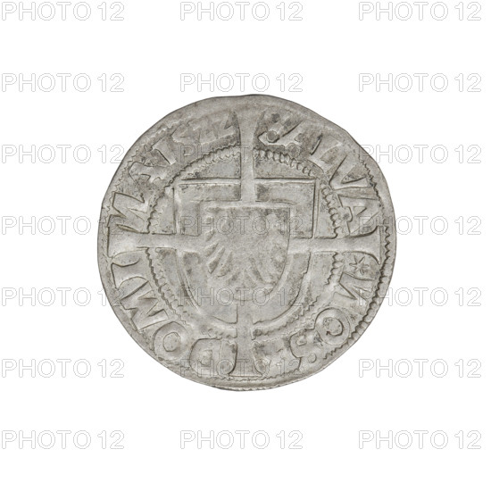 Teutonic groschen, Albrecht Hohenzollern (prince in Prussia; Grand Master; 1490–1568); Wille, Albrecht (fl. 1520–?), publisher; Plate, Dominik (fl. ?–1527), publisher. Iconography: Brandenburg eagle with the Hohenzollern shield on its breast; cross with elongated, widening arms; monastic shield of the Grand Master. Obverse: Shield with the Brandenburg eagle with the Hohenzollern shield on its breast placed at the intersection of the arms of a cross, the elongated, widening arms of which, dividing the rim legend, reach the outer rim; on the rim, between the pearly borders, the inscription. Reverse: Teutonic Order's shield with a cross, the elongated, widening arms of which, dividing the rim legend, reach the outer rim; on the rim, between the pearly borders, the inscription. Date: 1522. State of the Teutonic Order (1226–1525), Königsberg. Coin: diameter 20.6 mm; weight 1.63 g; axis 140°.