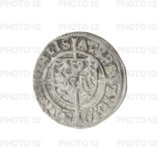 Teutonic groschen, Albrecht Hohenzollern (prince in Prussia; Grand Master; 1490–1568); Wille, Albrecht (fl. 1520–?), publisher; Plate, Dominik (fl. ?–1527), publisher. Cross with elongated arms (iconographic); Brandenburg eagle (iconographic) with the Hohenzollern shield on the chest; monastic shield of the Grand Master (iconographic); Teutonic Knights (order). Obv.: Shield with the Brandenburg eagle with the Hohenzollern shield on its breast placed at the intersection of the arms of a cross, whose elongated, widening arms, dividing the rim legend, reach the outer rim. On the rim, between the pearly borders, the inscription. Rev.: Teutonic Order's shield with a cross, whose elongated, widening arms, dividing the rim legend, reach the outer rim. On the rim, between the pearly borders, the inscription. Date: 1523. State of the Teutonic Order (1226–1525), Königsberg. Coin; diameter 20.3 mm; weight 1.61 g; axis 140°.
