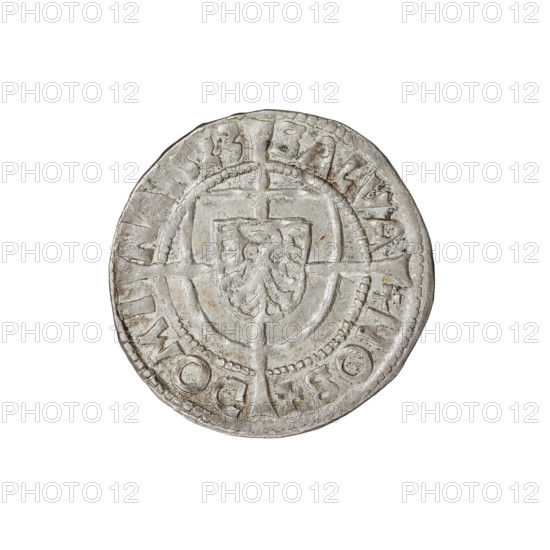 Teutonic groschen, Albrecht Hohenzollern (prince in Prussia; Grand Master; 1490–1568); Wille, Albrecht (fl. 1520–?), publisher; Plate, Dominik (fl. ?–1527), publisher. Obverse: shield with the Brandenburg eagle bearing the Hohenzollern shield on its breast, placed at the intersection of a cross with elongated, widening arms that divide the rim legend and reach the outer rim; rim inscription between pearly borders. Reverse: Teutonic Order's shield with a cross whose elongated, widening arms divide the rim legend and reach the outer rim; rim inscription between pearly borders. Date: 1523. State of the Teutonic Order (1226–1525), Königsberg. Coin; diameter 20.3 mm; weight 1.61 g; axis 140°.