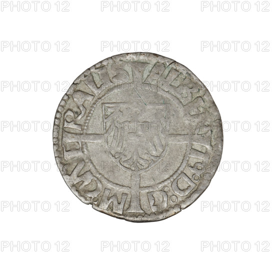Teutonic groschen, Albrecht Hohenzollern (prince in Prussia; Grand Master; 1490–1568); Wille, Albrecht (fl. 1520–?), publisher; Plate, Dominik (fl. ?–1527), publisher. Obverse: shield with the Brandenburg eagle bearing the Hohenzollern shield on its breast placed at the intersection of a cross with elongated, widening arms that divide the rim legend; the arms reach the outer rim. Reverse: Teutonic Order's shield with a cross whose elongated, widening arms divide the rim legend and reach the outer rim. Inscription on rim between pearly borders. Date: 1522. State of the Teutonic Order (1226–1525), Königsberg. Coin; diameter 20.8 mm; weight 1.58 g; axis 20°.