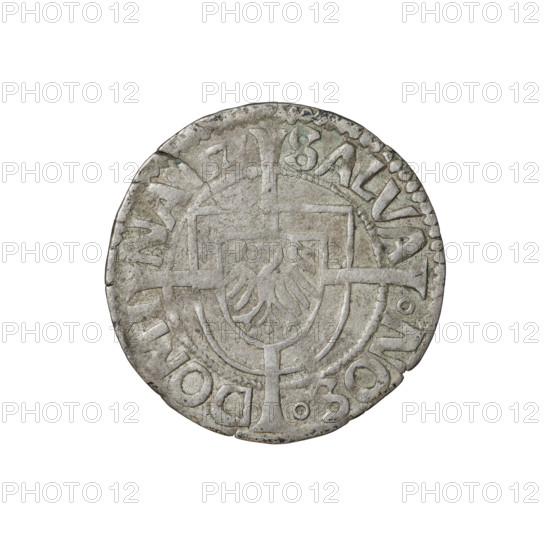 Teutonic groschen, Albrecht Hohenzollern (prince in Prussia; Grand Master; 1490–1568); Wille, Albrecht (fl. 1520–?), publisher; Plate, Dominik (fl. ?–1527), publisher. Obverse: Shield with the Brandenburg eagle bearing the Hohenzollern shield on its breast, placed at the intersection of a cross with elongated, widening arms that divide the rim legend; the arms reach the outer rim. On the rim, between pearly borders, the inscription. Reverse: Teutonic Order's shield with a cross, the elongated, widening arms of which divide the rim legend and reach the outer rim; on the rim, between pearly borders, the inscription. 1522. State of the Teutonic Order (1226–1525), Königsberg. Coin; diameter 20.8 mm; weight 1.58 g; axis 20°.