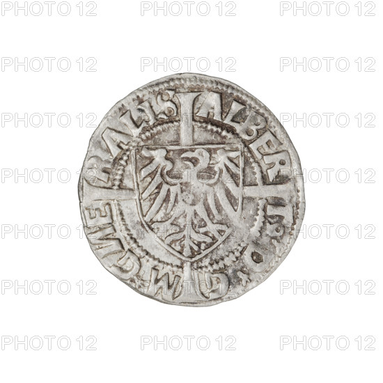 Teutonic groschen, Albrecht Hohenzollern (prince in Prussia; Grand Master; 1490–1568); Wille, Albrecht (fl. 1520–?), publisher; Plate, Dominik (fl. ?–1527), publisher. Obverse: Shield with the Brandenburg eagle bearing the Hohenzollern shield on its breast, placed at the intersection of the arms of a cross whose elongated, widening arms divide the rim legend and reach the outer rim; on the rim, between pearly borders, the inscription. Reverse: Teutonic Order's shield with a cross whose elongated, widening arms divide the rim legend and reach the outer rim; on the rim, between pearly borders, the inscription. Date: 1523. State of the Teutonic Order (1226–1525), Königsberg. Coin; diameter 20.5 mm; weight 1.36 g; axis 315°.