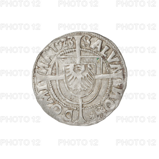 Teutonic groschen, Albrecht Hohenzollern (prince in Prussia; Grand Master; 1490-1568), Wille, Albrecht (fl. 1520-?), publisher, (1520-?), Plate, Dominik (fl. ?-1527), publisher, (?-1527). Brandenburg eagle (iconographic) (with the Hohenzollern shield on his chest), cross with elongated arms (iconographic), monastic shield of the Grand Master (iconographic), Teutonic Knights (order). Obv. Shield with the Brandenburg eagle with the Hohenzollern shield on its breast placed at the intersection of the arms of a cross, whose elongated, widening arms, dividing the rim legend, reach the outer rim. On the rim, between the pearly borders, the inscription. Rev. Teutonic Order's shield with a cross, whose elongated, widening arms, dividing the rim legend, reach the outer rim. On the rim, between the pearly borders, the inscription, 1523. State of the Teutonic Order (1226-1525), Königsberg. Coin; diameter 20.5 mm; weight 1.36 g; axis 315 degrees.