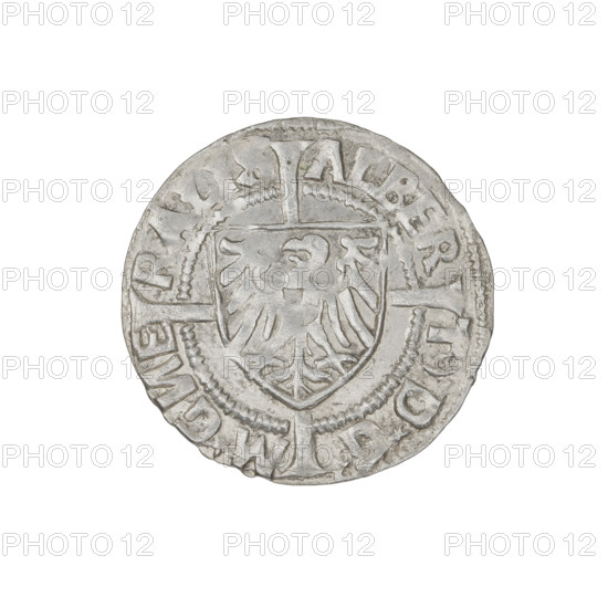 Teutonic groschen, Albrecht Hohenzollern (prince in Prussia; Grand Master; 1490–1568); Wille, Albrecht (fl. 1520–?), publisher; Plate, Dominik (fl. ?–1527), publisher. Iconography: cross with elongated, widening arms; Brandenburg eagle with the Hohenzollern shield on its chest; monastic shield of the Grand Master; Teutonic Knights (order). Obverse: shield with the Brandenburg eagle bearing the Hohenzollern shield, placed at the intersection of the cross whose elongated, widening arms divide the rim legend and reach the outer rim; rim inscription between pearly borders. Reverse: Teutonic Order's shield with the cross whose elongated, widening arms divide the rim legend and reach the outer rim; rim inscription between pearly borders. Date: 1523. State of the Teutonic Order (1226–1525), Königsberg. Coin: diameter 20.6 mm, weight 1.31 g, axis 135°.