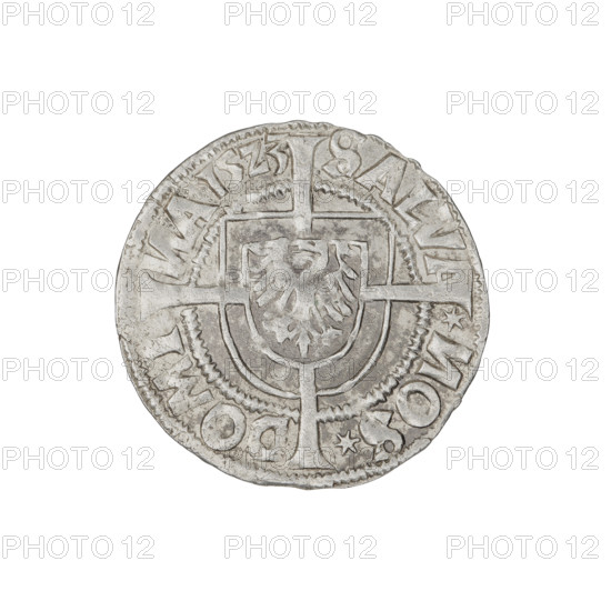 Teutonic groschen, Albrecht Hohenzollern (prince in Prussia; Grand Master; 1490–1568); Wille, Albrecht (fl. 1520–?), publisher; Plate, Dominik (fl. ?–1527), publisher. Iconography: cross with elongated arms; Brandenburg eagle with the Hohenzollern shield on the chest; monastic shield of the Grand Master; Teutonic Knights (order). Obverse: shield with the Brandenburg eagle bearing the Hohenzollern shield on its breast placed at the intersection of a cross whose elongated, widening arms divide the rim legend and reach the outer rim; on the rim, between pearly borders, an inscription. Reverse: Teutonic Order's shield with a cross whose elongated, widening arms divide the rim legend and reach the outer rim; on the rim, between pearly borders, an inscription. Date: 1523. State of the Teutonic Order (1226–1525), Königsberg. Coin: diameter 20.6 mm, weight 1.31 g, axis 135°.
