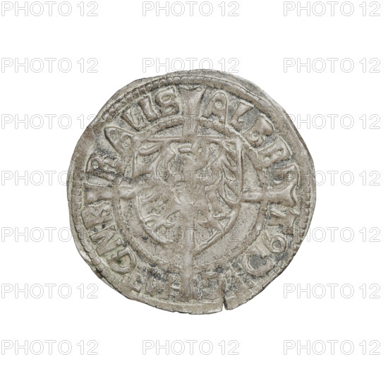 Teutonic groschen, Albrecht Hohenzollern (prince in Prussia; Grand Master; 1490–1568), Wille, Albrecht (fl. 1520–?), publisher, (1520–?), Plate, Dominik (fl. ?–1527), publisher, (?-1527); cross with elongated arms (iconographic); Brandenburg eagle (iconographic) with the Hohenzollern shield on the chest; monastic shield of the Grand Master (iconographic); Teutonic Knights (order). A shield with the Brandenburg eagle bearing the Hohenzollern shield is placed at the intersection of the arms of a cross whose elongated, widening arms divide the rim legend and reach the outer rim. On the rim, between pearly borders, the inscription. Dated 1524. State of the Teutonic Order (1226–1525), Königsberg. Coin. Diameter 21.7 mm; weight 1.47 g; axis 180°.