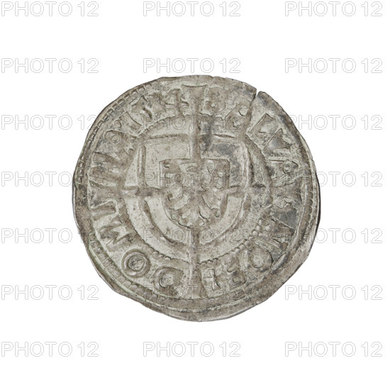 Teutonic groschen, Albrecht Hohenzollern (prince in Prussia; Grand Master; 1490–1568); publishers: Wille, Albrecht (fl. 1520–?); Plate, Dominik (fl. ?–1527). Obverse: shield with the Brandenburg eagle bearing the Hohenzollern escutcheon on its breast placed at the intersection of a cross with elongated, widening arms that divide the rim legend and reach the outer rim; rim inscription between pearly borders. Reverse: Order's shield of the Grand Master with a cross whose elongated, widening arms divide the rim legend and reach the outer rim; rim inscription between pearly borders. Date: 1524. State of the Teutonic Order (1226–1525), Königsberg. Coin, diameter 21.7 mm, weight 1.47 g, axis 180°.