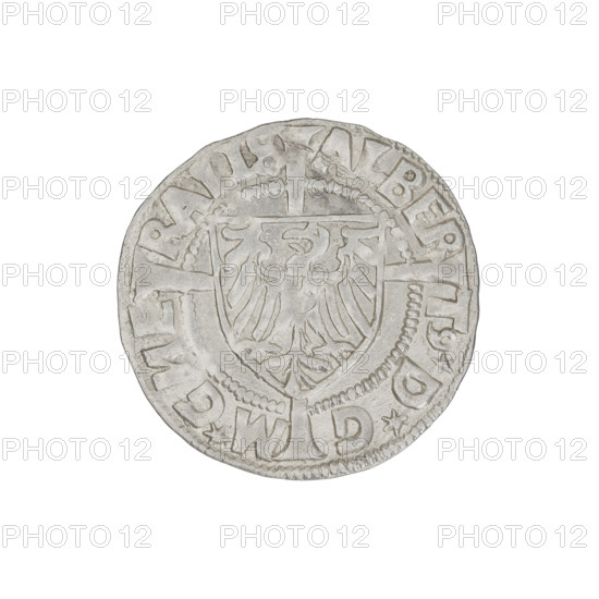 Teutonic groschen, Albrecht Hohenzollern (prince in Prussia; Grand Master; 1490–1568); Wille, Albrecht (fl. 1520–?), publisher; Plate, Dominik (fl. ?–1527), publisher. Obverse: Shield with the Brandenburg eagle bearing the Hohenzollern shield on its breast, placed at the intersection of a cross with elongated, widening arms that divide the rim legend and reach the outer rim; on the rim, between pearly borders, an inscription. Reverse: Teutonic Order's shield with a cross with elongated, widening arms that divide the rim legend and reach the outer rim; on the rim, between pearly borders, an inscription. Date: 1525. Issuer: State of the Teutonic Order (1226–1525), Königsberg. Coin; diameter 20.6 mm; weight 1.45 g; axis 225°.